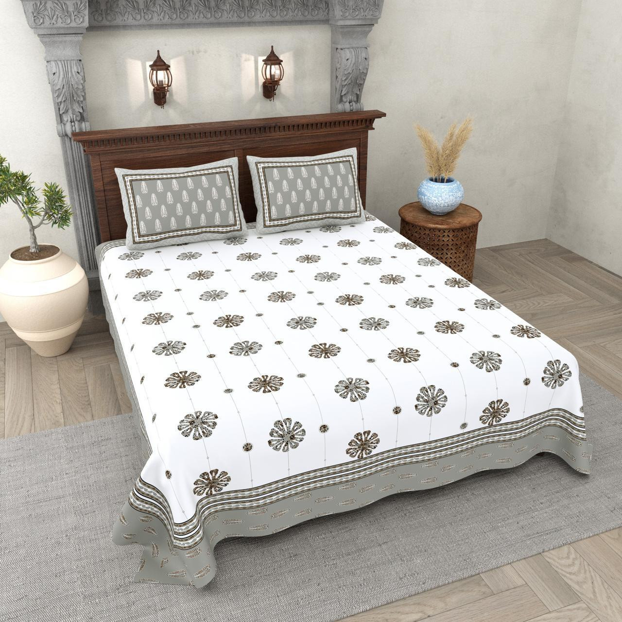 Floral Medallion Print Cotton Double Bedsheet White with Grey Border Jaipuri Style
