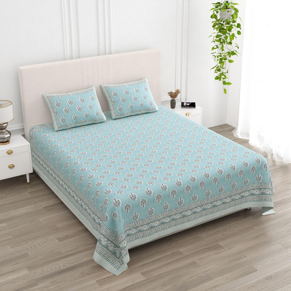 Image of Aqua Heritage Buti Pure Cotton Double Bedsheet – King Size