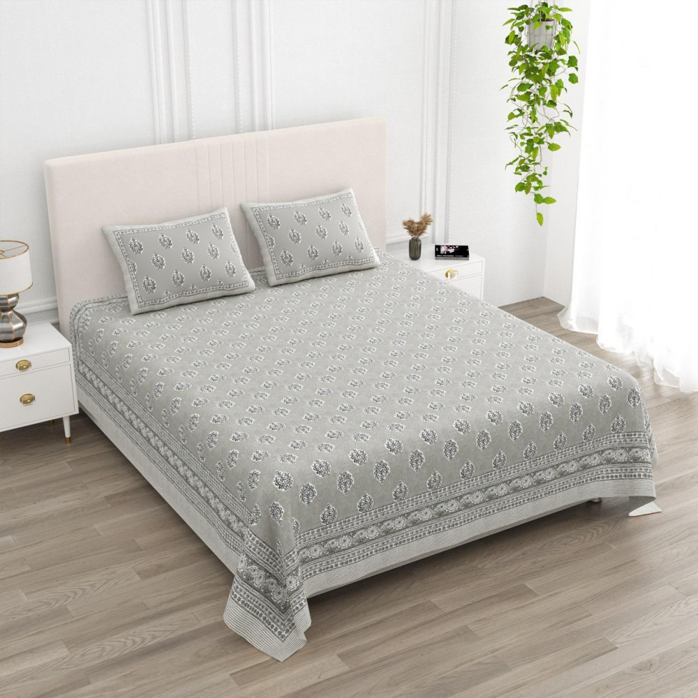 Image of Pearl Grey Ethnic Buti Pure Cotton King Size Bedsheet – 100×108
