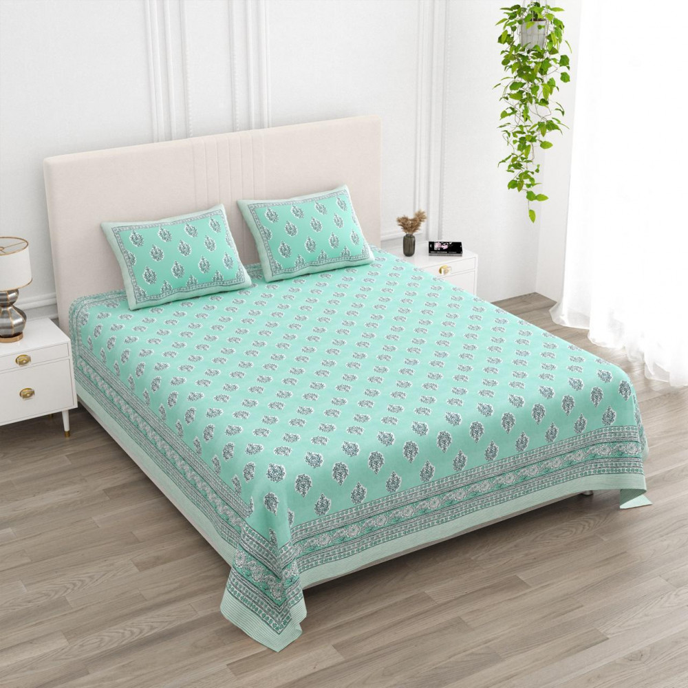 Image of Aqua Mint Buti Print Pure Cotton Double Bedsheet - 100×108 Inches