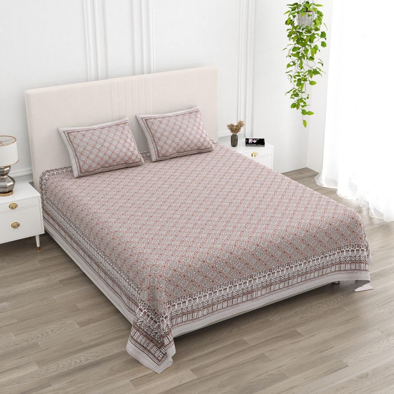 Blush Pink Geometric Print Pure Cotton Double Bedsheet - 100108 Inches