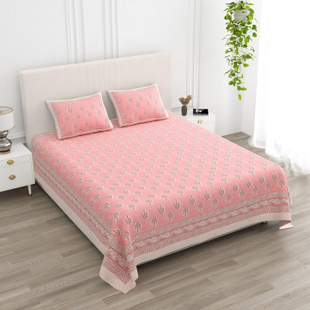 Image of Rose Blush Buti Print Pure Cotton Double Bedsheet - 100×108 Inches