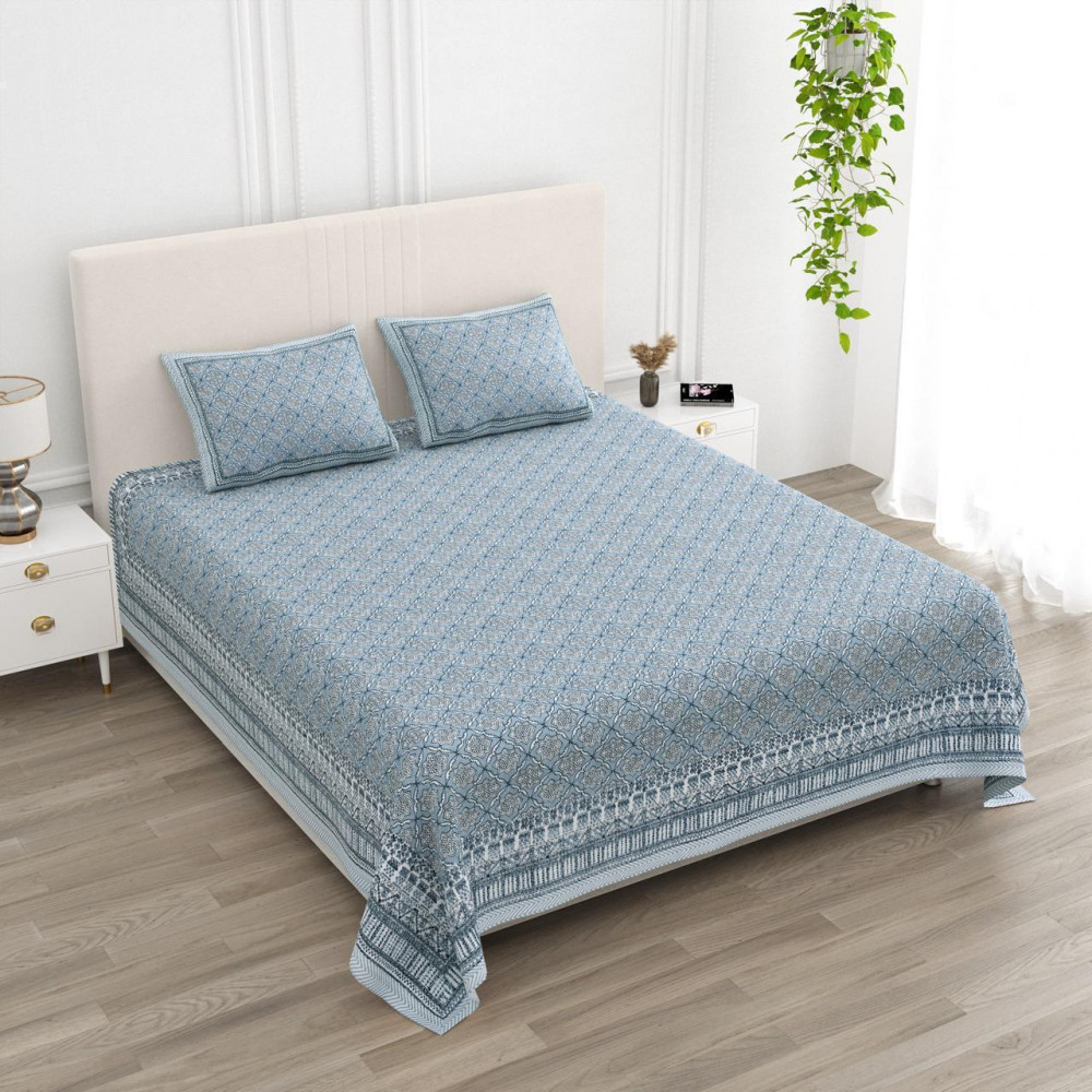 Image of Steel Blue Geometric Print Pure Cotton Double Bedsheet - 100×108 Inches