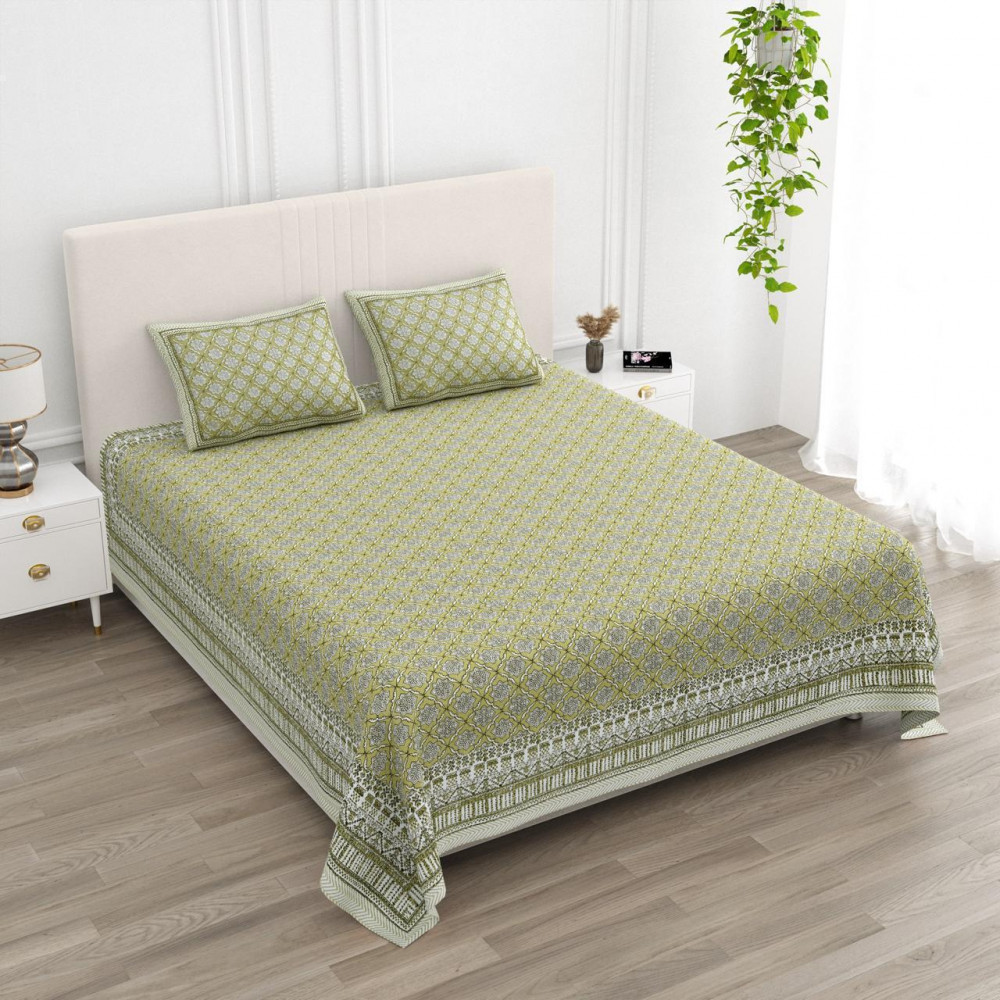 Image of Olive Green Geometric Print Pure Cotton Double Bedsheet - 100×108 Inches
