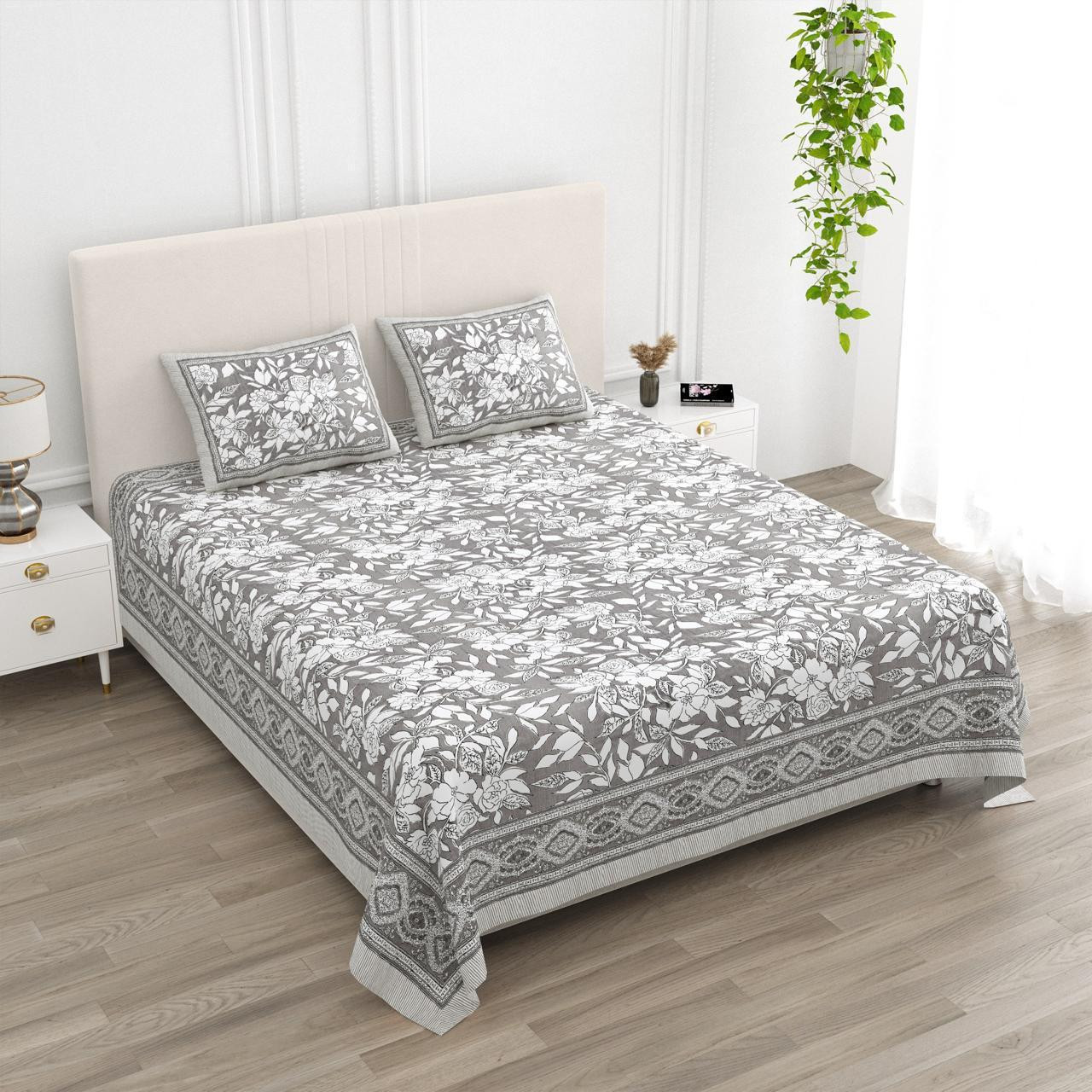Charcoal Grey Floral Print Pure Cotton Double Bedsheet - 100108 Inches