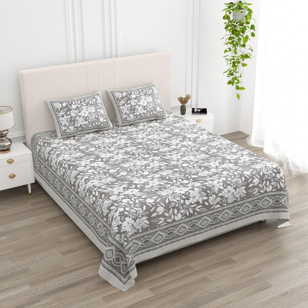 Image of Charcoal Grey Floral Print Pure Cotton Double Bedsheet - 100×108 Inches