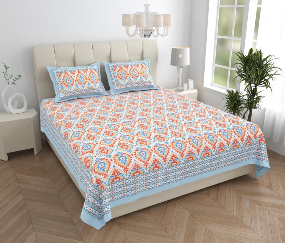 Image of Sky Blue Orange Ikat Block Print Cotton Double Bedsheet with 2 Pillow Covers