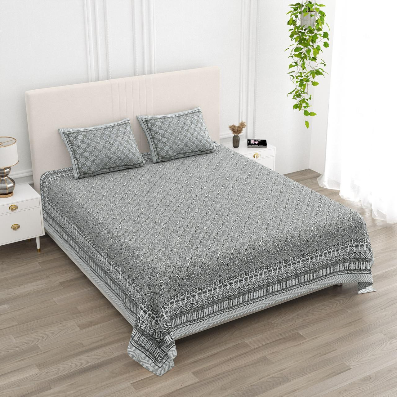 Smoky Grey Geometric Print Pure Cotton Double Bedsheet - 100108 Inches
