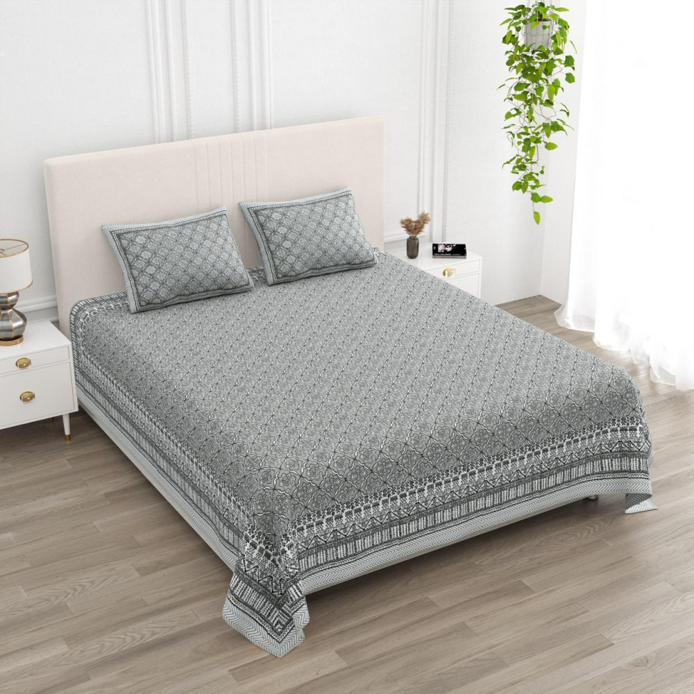 Image of Smoky Grey Geometric Print Pure Cotton Double Bedsheet - 100×108 Inches