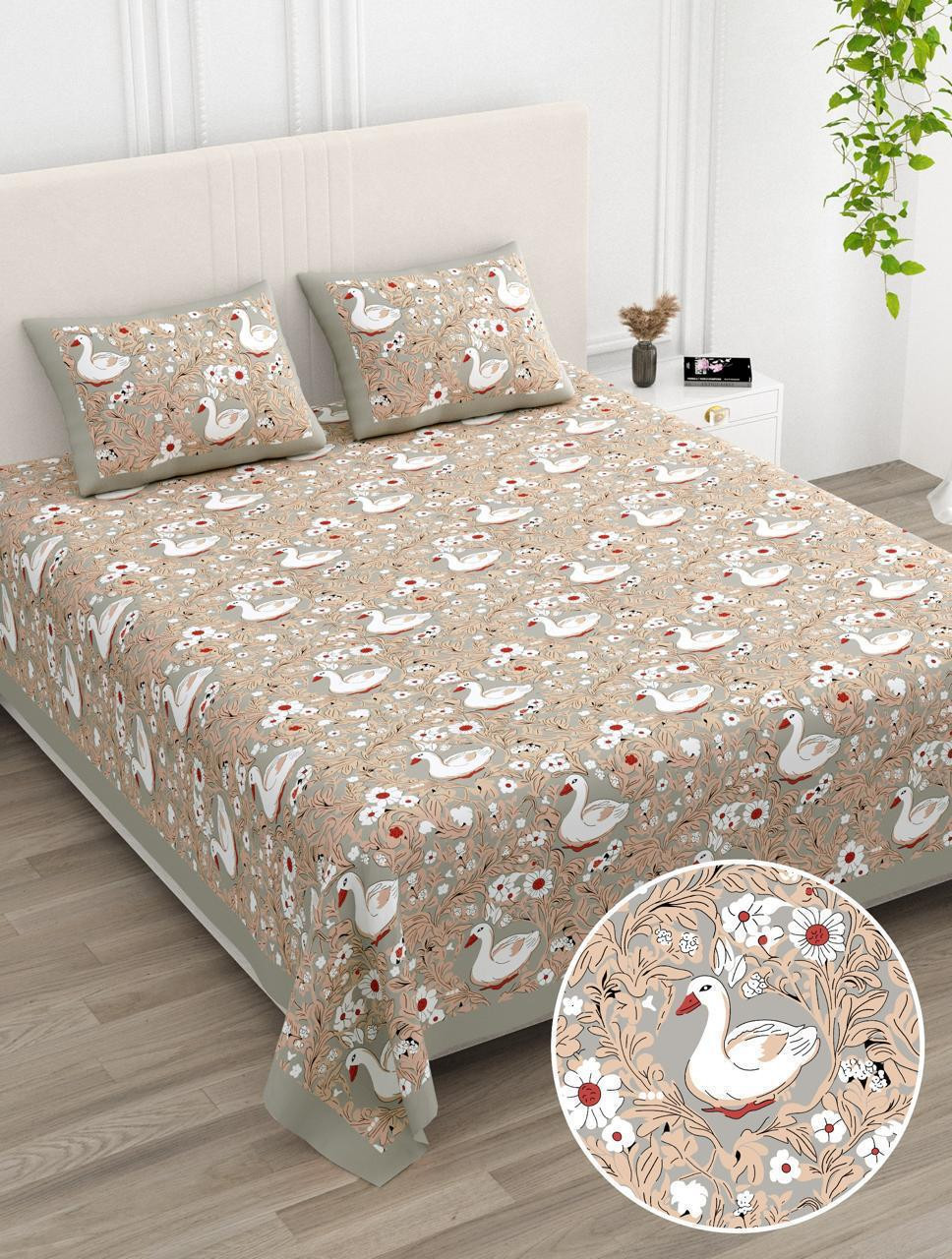 Swan Garden Beige Print Pure Cotton Double Bedsheet - 100108 Inches