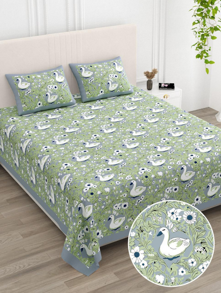 Image of Swan Garden Sage Green Print Pure Cotton Double Bedsheet - 100×108 Inches