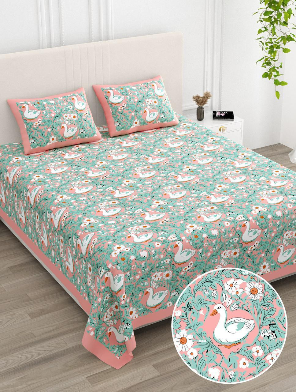 Swan Garden Blush Pink Print Pure Cotton Double Bedsheet - 100108 Inches