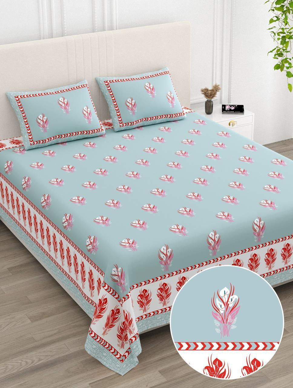 Sky Blue Feather Print Pure Cotton Double Bedsheet - 100108 Inches