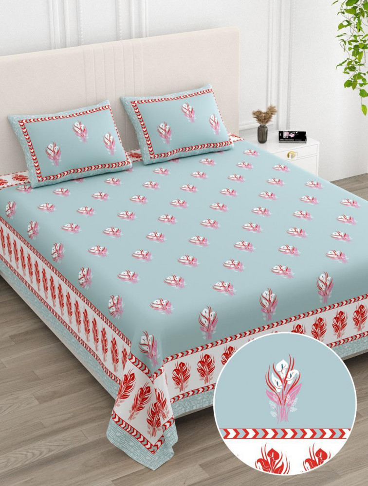 Image of Sky Blue Feather Print Pure Cotton Double Bedsheet - 100×108 Inches