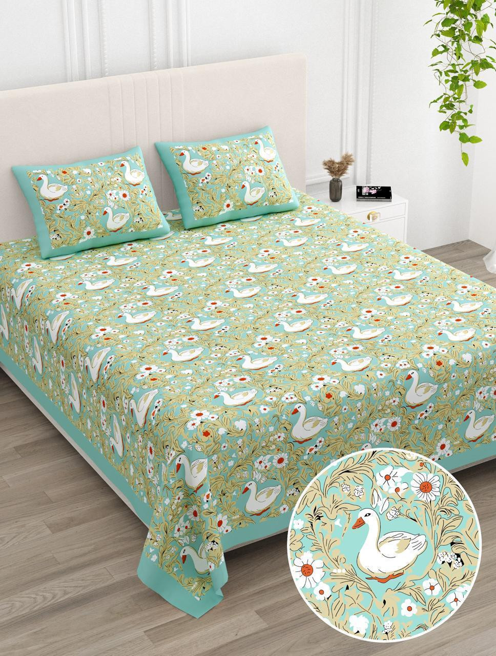 Swan Garden Aqua Teal Print Pure Cotton Double Bedsheet - 100108 Inches