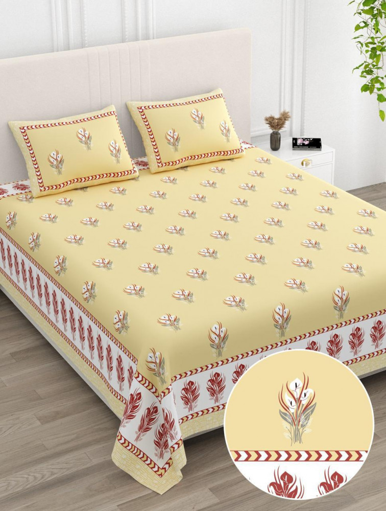 Image of Butter Yellow Feather Print Pure Cotton Double Bedsheet - 100×108 Inches