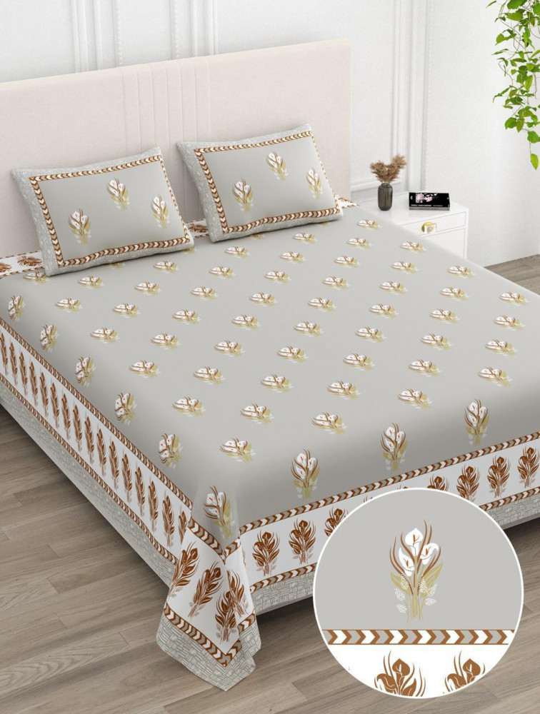 Image of Warm Grey Feather Print Pure Cotton Double Bedsheet - 100×108 Inches