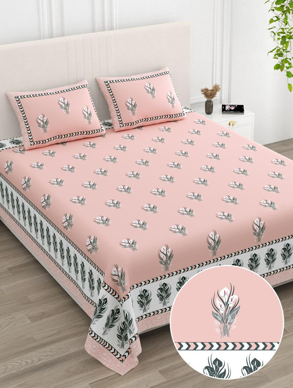 Blush Peach Feather Print Pure Cotton Double Bedsheet - 100108 Inches