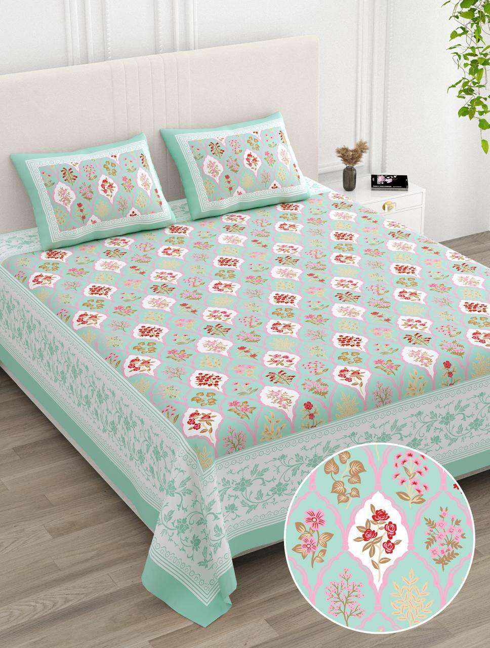 Mint Aqua Floral Patchwork Print Pure Cotton Double Bedsheet - 100108 Inches
