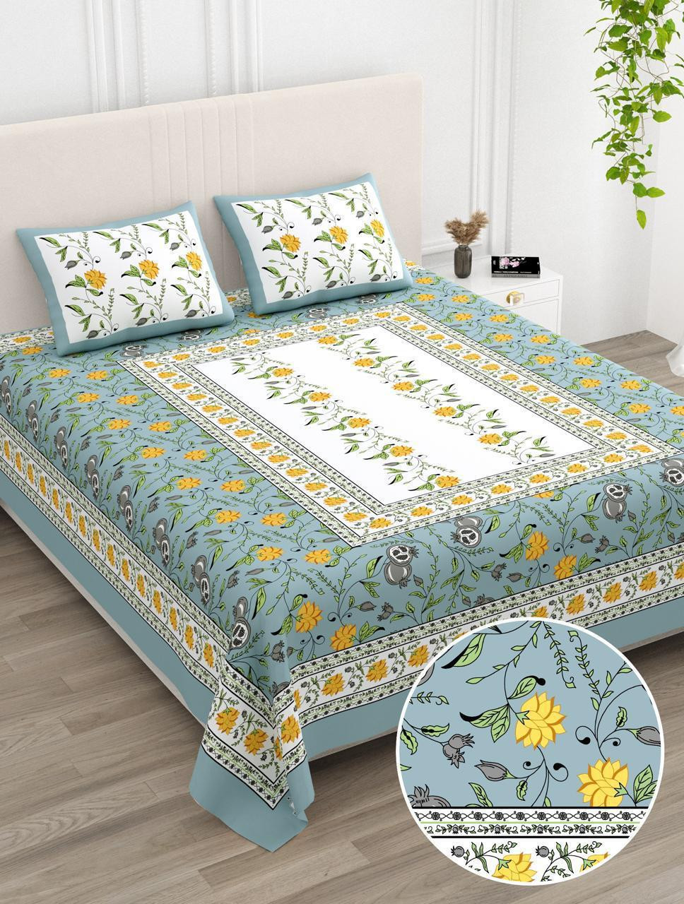 Powder Blue Floral Medallion Print Pure Cotton Double Bedsheet - 100108 Inches