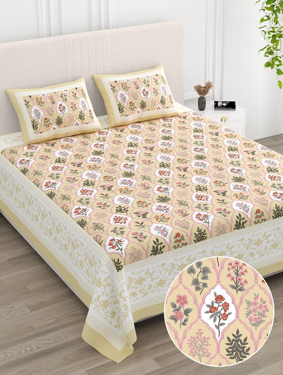 Soft Buttercream Floral Patchwork Print Pure Cotton Double Bedsheet - 100108 Inches
