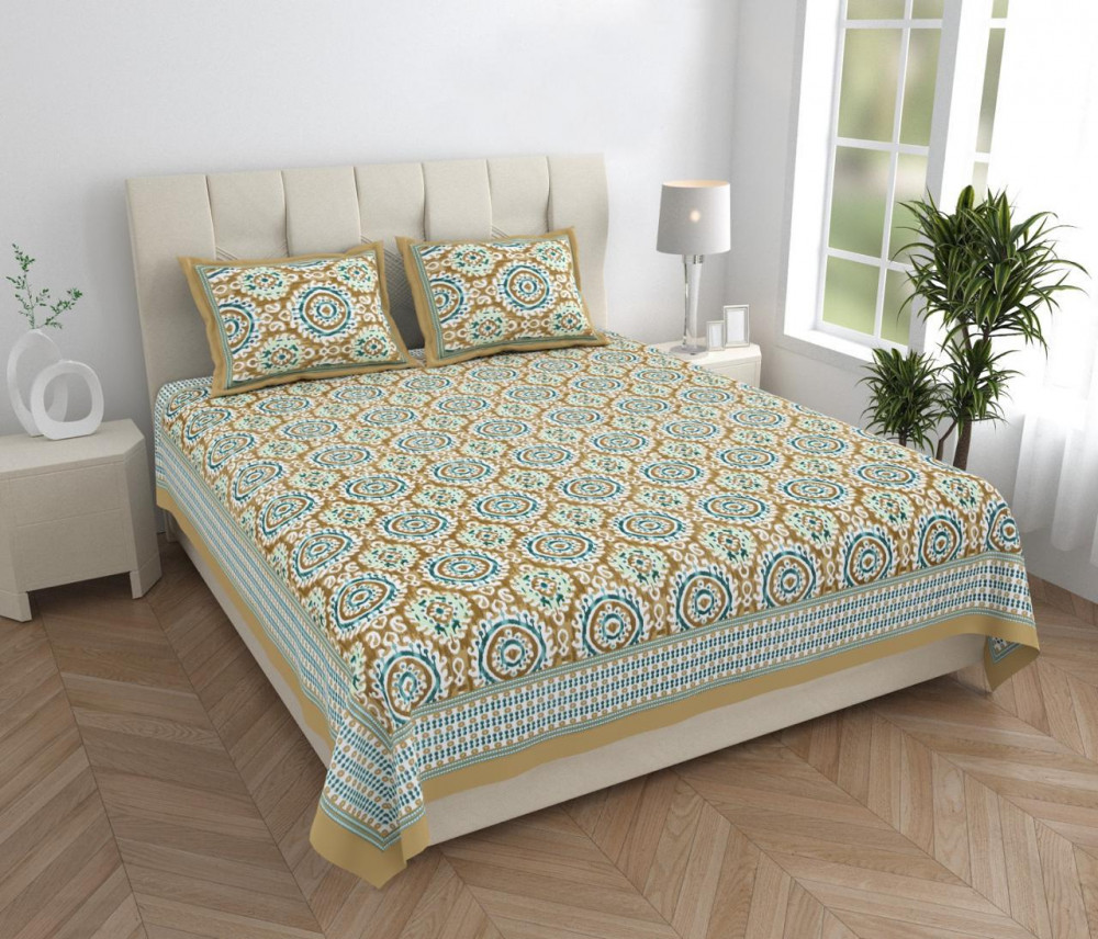 Image of Olive Teal Medallion Block Print Cotton Double Bedsheet with 2 Pillow Covers