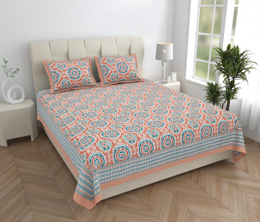 Image of Peach Teal Medallion Block Print Cotton Double Bedsheet with 2 Pillow Covers