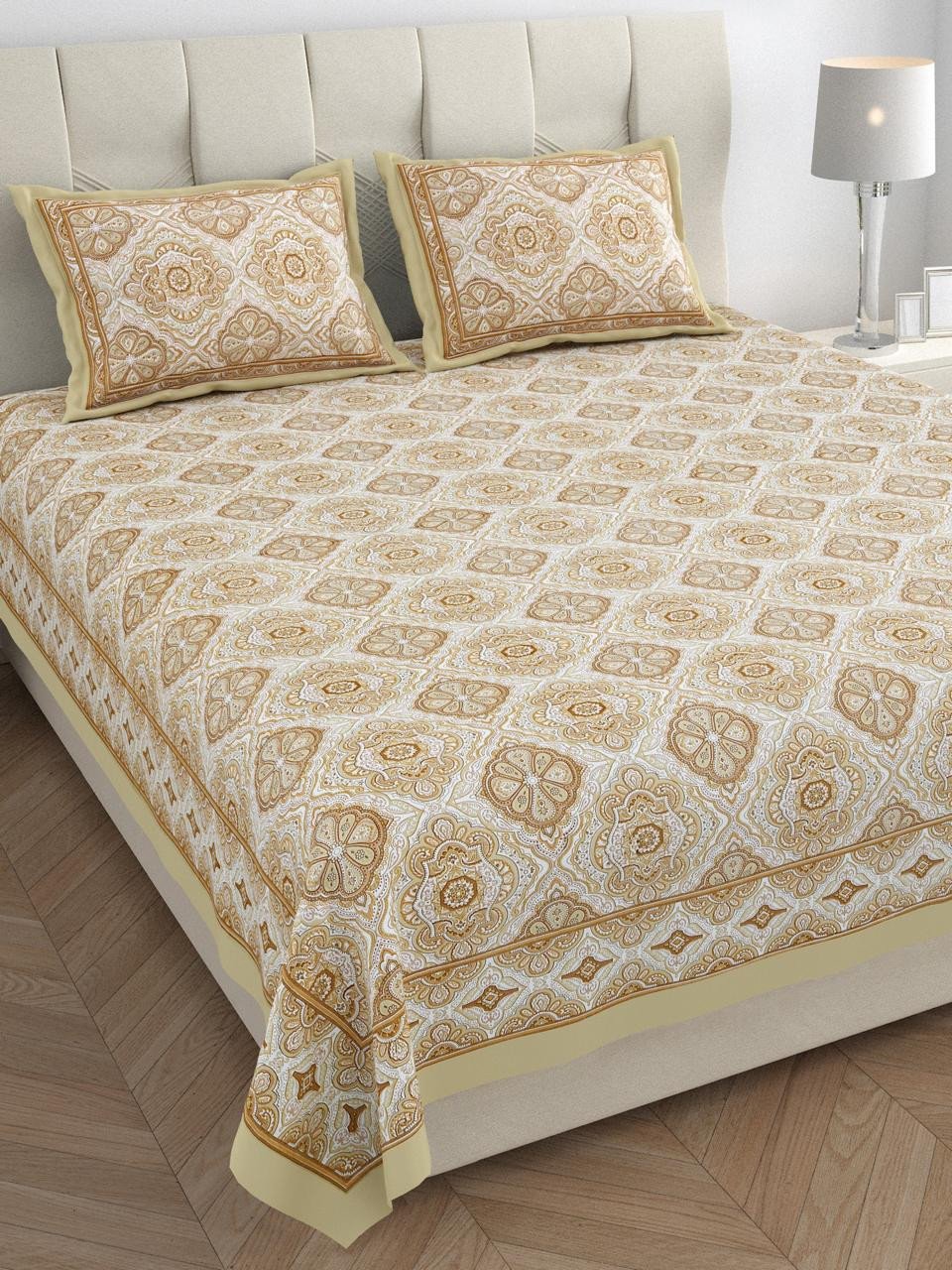Cream-Beige Ethnic Mandala Print Pure Cotton Double Bedsheet  Royal  Timeless Elegance
