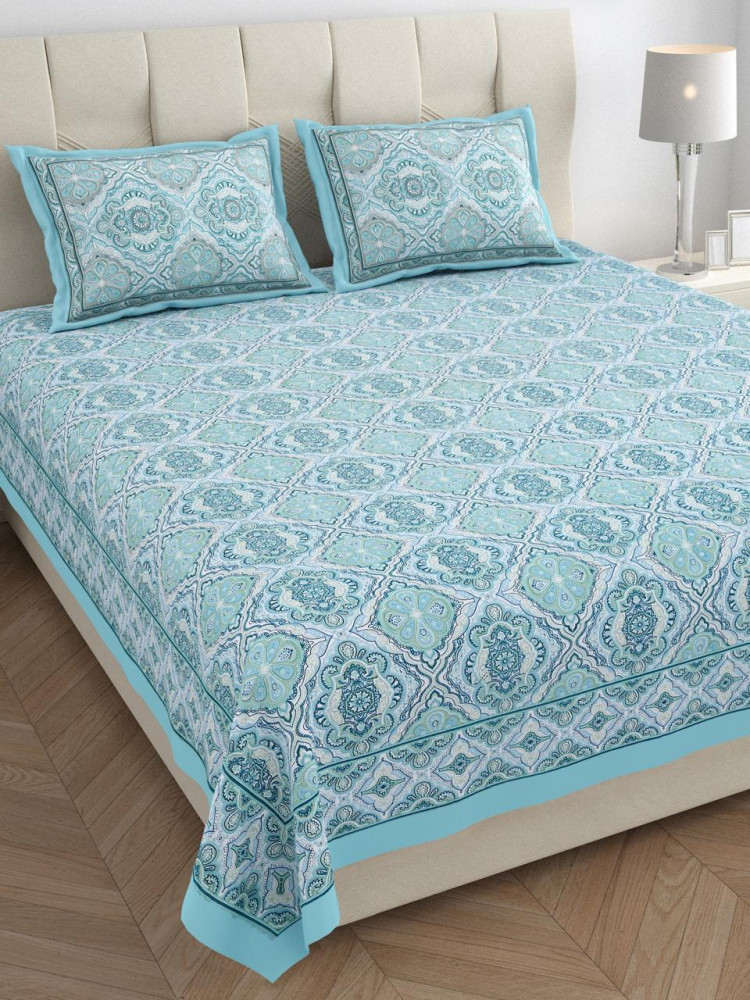 Image of Sky-Blue Ethnic Mandala Print Pure Cotton Double Bedsheet – Calm &amp; Elegant Luxury
