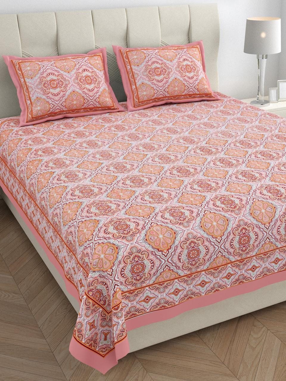 Peach-Pink Ethnic Mandala Print Pure Cotton Double Bedsheet  Soft  Royal Elegance