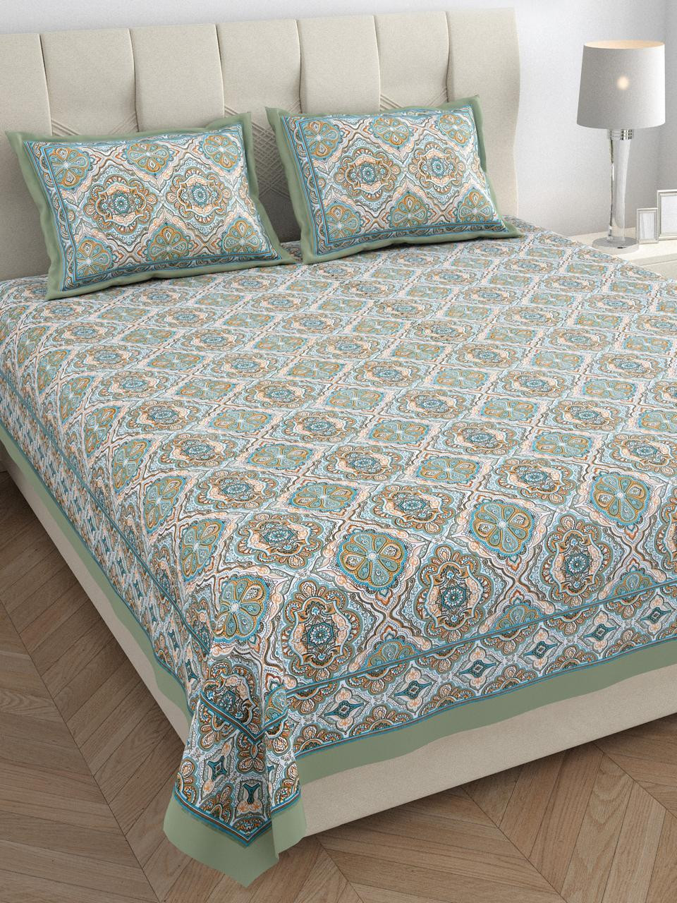 Sage Green  Aqua Ethnic Mandala Print Pure Cotton Double Bedsheet with Pillow Covers
