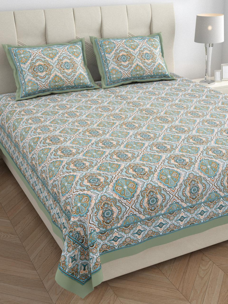 Image of Sage Green &amp; Aqua Ethnic Mandala Print Pure Cotton Double Bedsheet with Pillow Covers