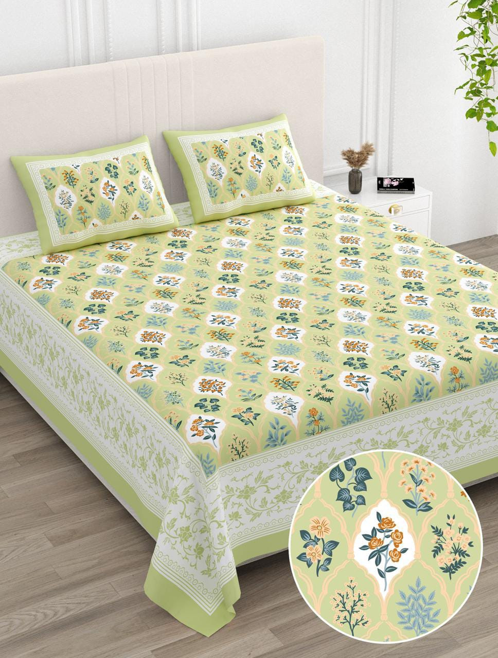 Light-Green Floral Jaali Print Pure Cotton Double Bedsheet  Soft Pastel Nature-Inspired Design
