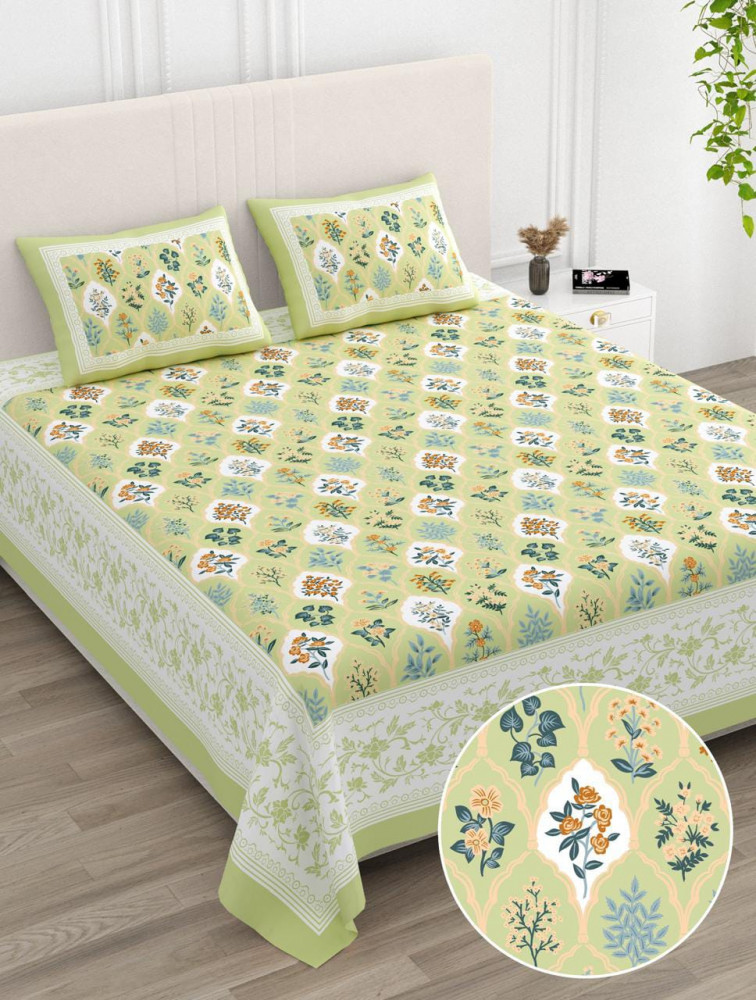 Image of Light-Green Floral Jaali Print Pure Cotton Double Bedsheet – Soft Pastel Nature-Inspired Design