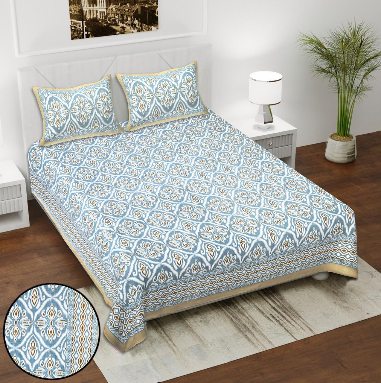 Steel Blue Ikat Block Print Cotton Double Bedsheet with 2 Pillow Covers