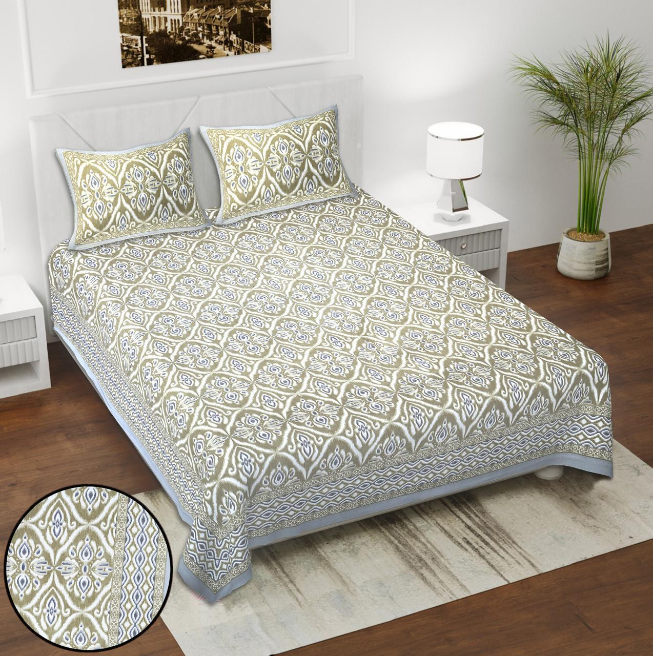 Olive Grey Ikat Block Print Cotton Double Bedsheet with 2 Pillow Covers