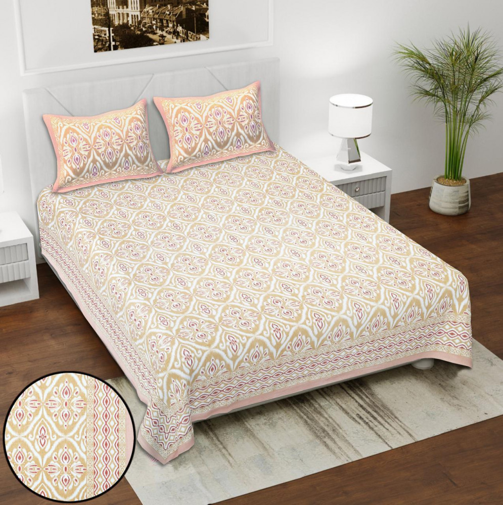 Image of Peach Sand Ikat Block Print Cotton Double Bedsheet with 2 Pillow Covers