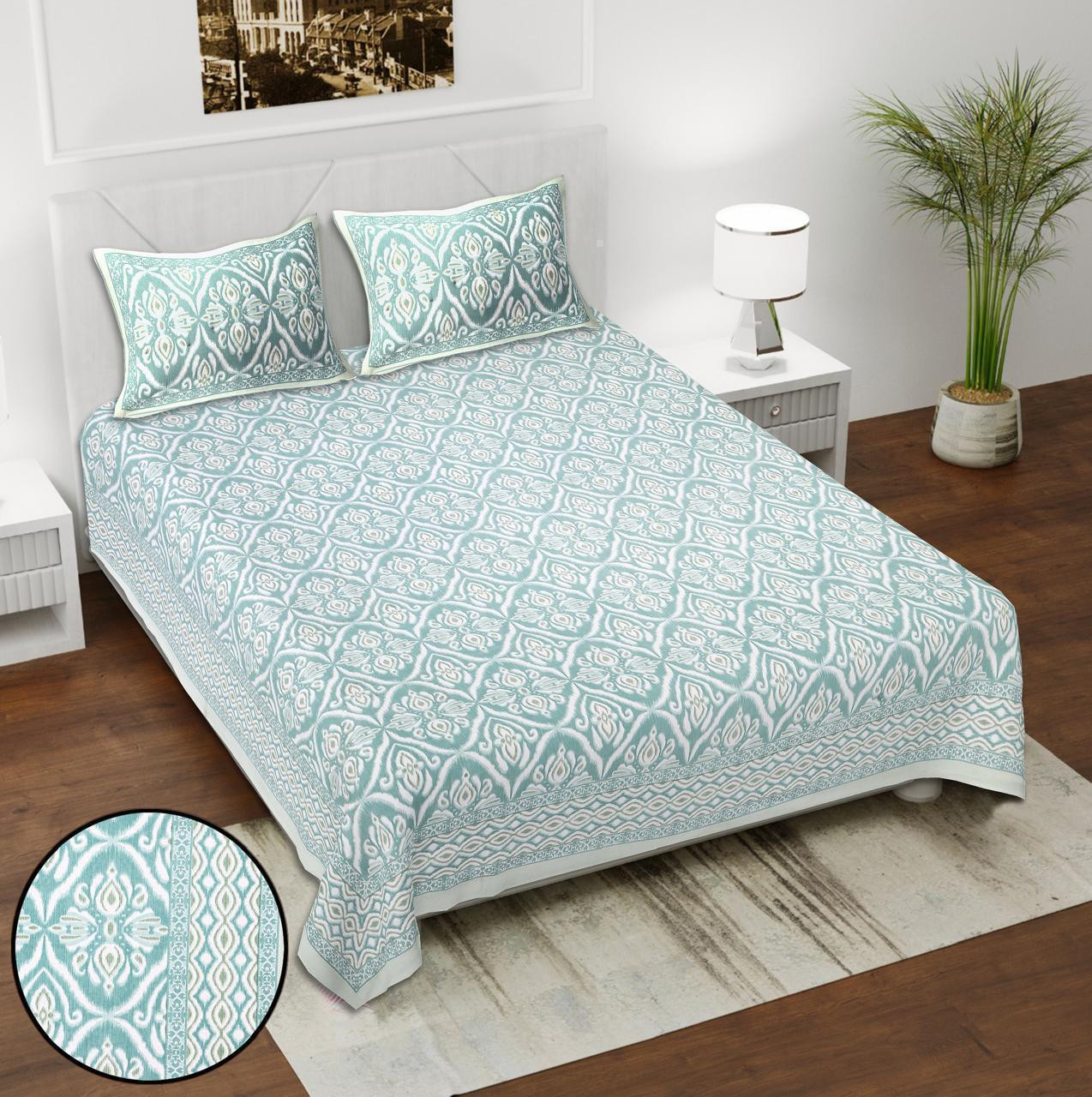 Mint Aqua Ikat Block Print Cotton Double Bedsheet with 2 Pillow Covers