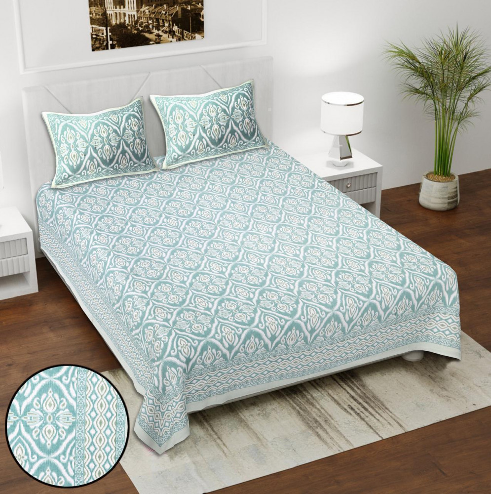 Image of Mint Aqua Ikat Block Print Cotton Double Bedsheet with 2 Pillow Covers