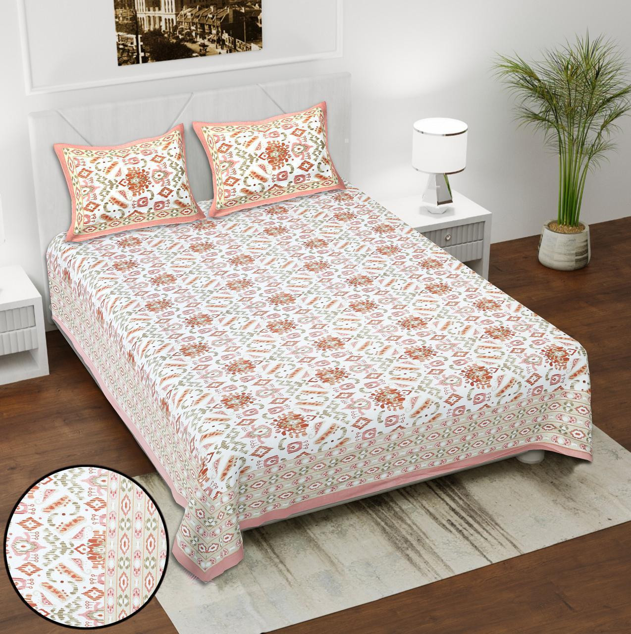 Peach Blush Ikat Block Print Cotton Double Bedsheet with 2 Pillow Covers