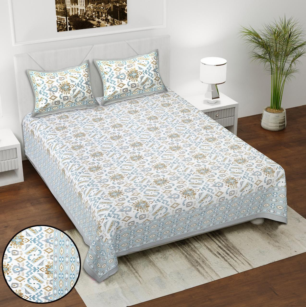 Ivory Rust Jaipuri Block Print Cotton Double Bedsheet with 2 Pillow Covers