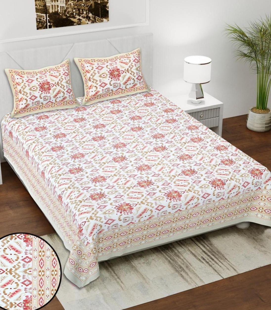 Ivory Rust Jaipuri Block Print Cotton Double Bedsheet with 2 Pillow Covers