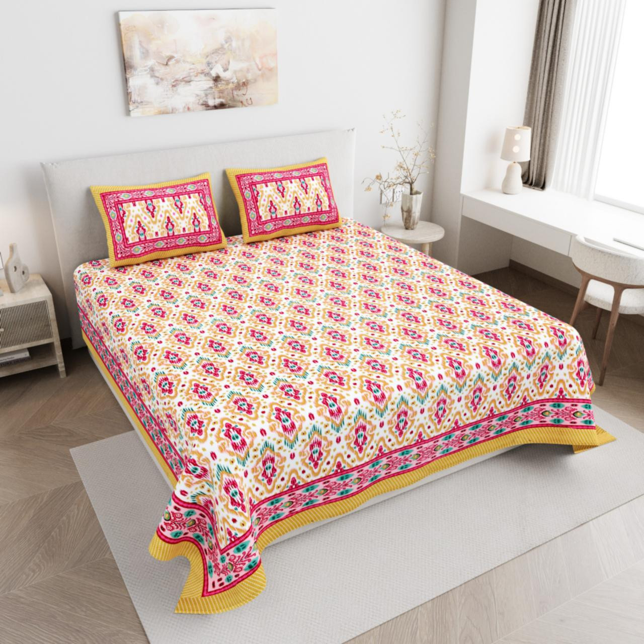Yellow Pink Jaipuri Block Print Cotton Double Bedsheet with 2 Pillow Covers