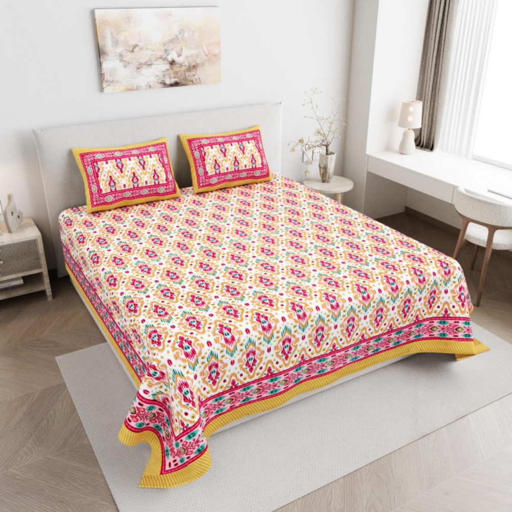 Image of Yellow Pink Jaipuri Block Print Cotton Double Bedsheet with 2 Pillow Covers