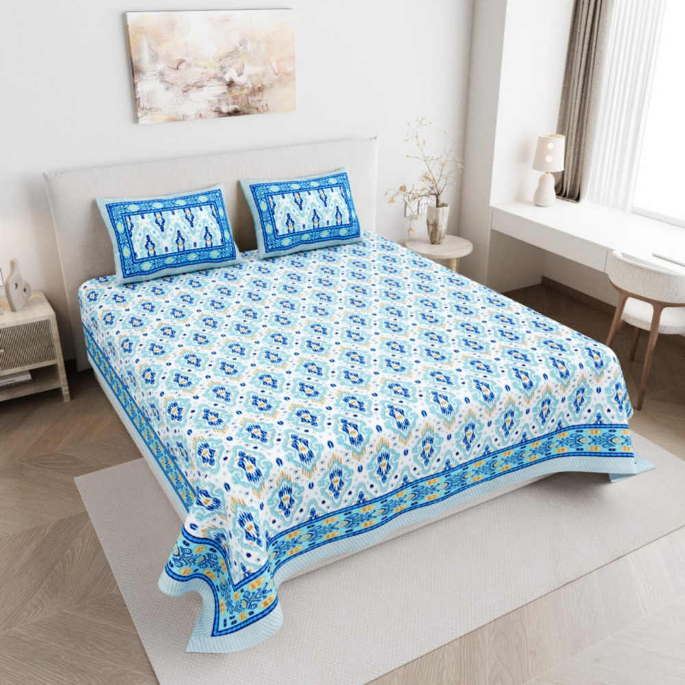 Image of Blue Ethnic Block Print Cotton Double Bedsheet with 2 Pillow Covers