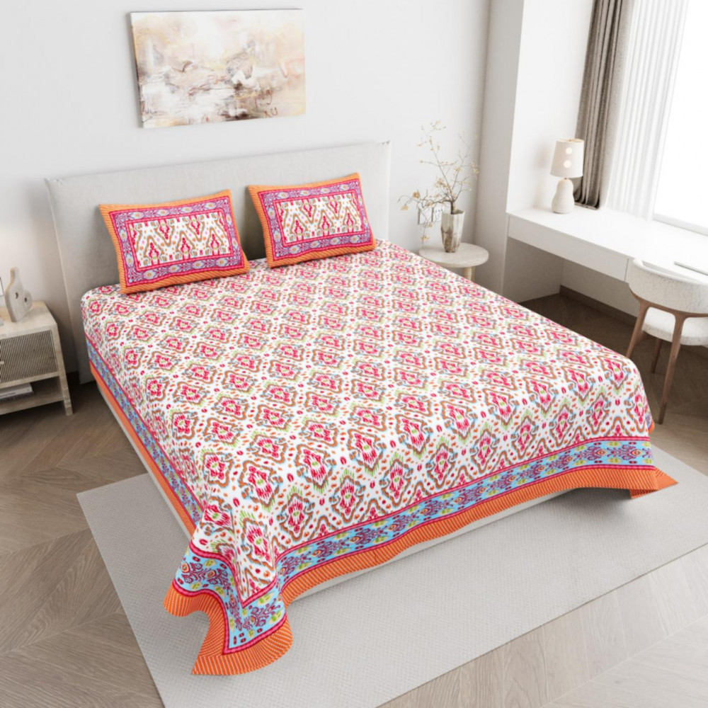 Image of Pink Orange Ethnic Block Print Cotton Double Bedsheet with 2 Pillow Covers