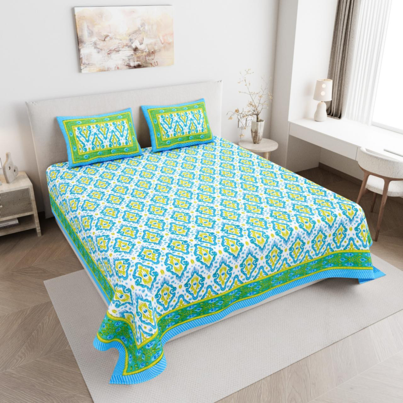 Turquoise  Lime Geometric Block Print Cotton Double Bedsheet with 2 Pillow Covers