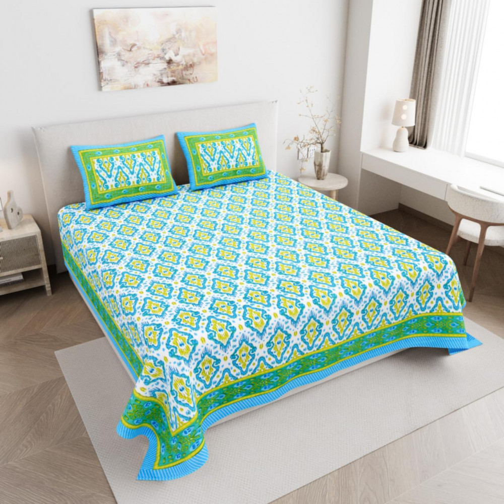 Image of Turquoise &amp; Lime Geometric Block Print Cotton Double Bedsheet with 2 Pillow Covers
