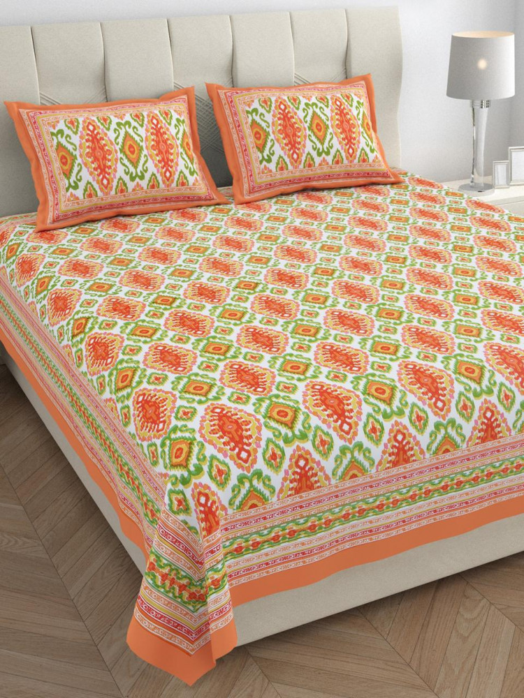 Image of Orange &amp; Green Ikat Print Pure Cotton Double Bedsheet with Pillow Covers