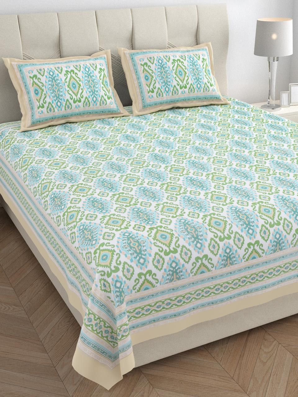 Blue Green Ikat Print Pure Cotton Double Bedsheet with Pillow Covers